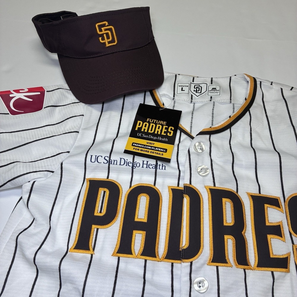 San Diego Padres Youth Large Baseball Jersey and Visor Set White Pinstripe NWT - Picture 3 of 12